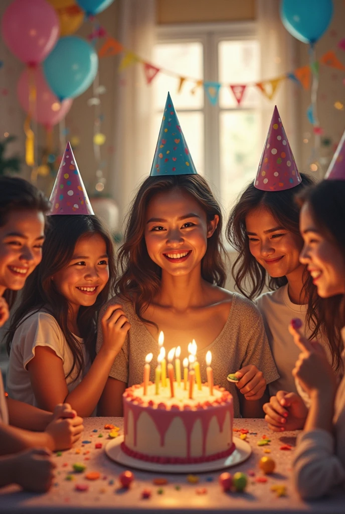 photo of young woman, birthday party, cake