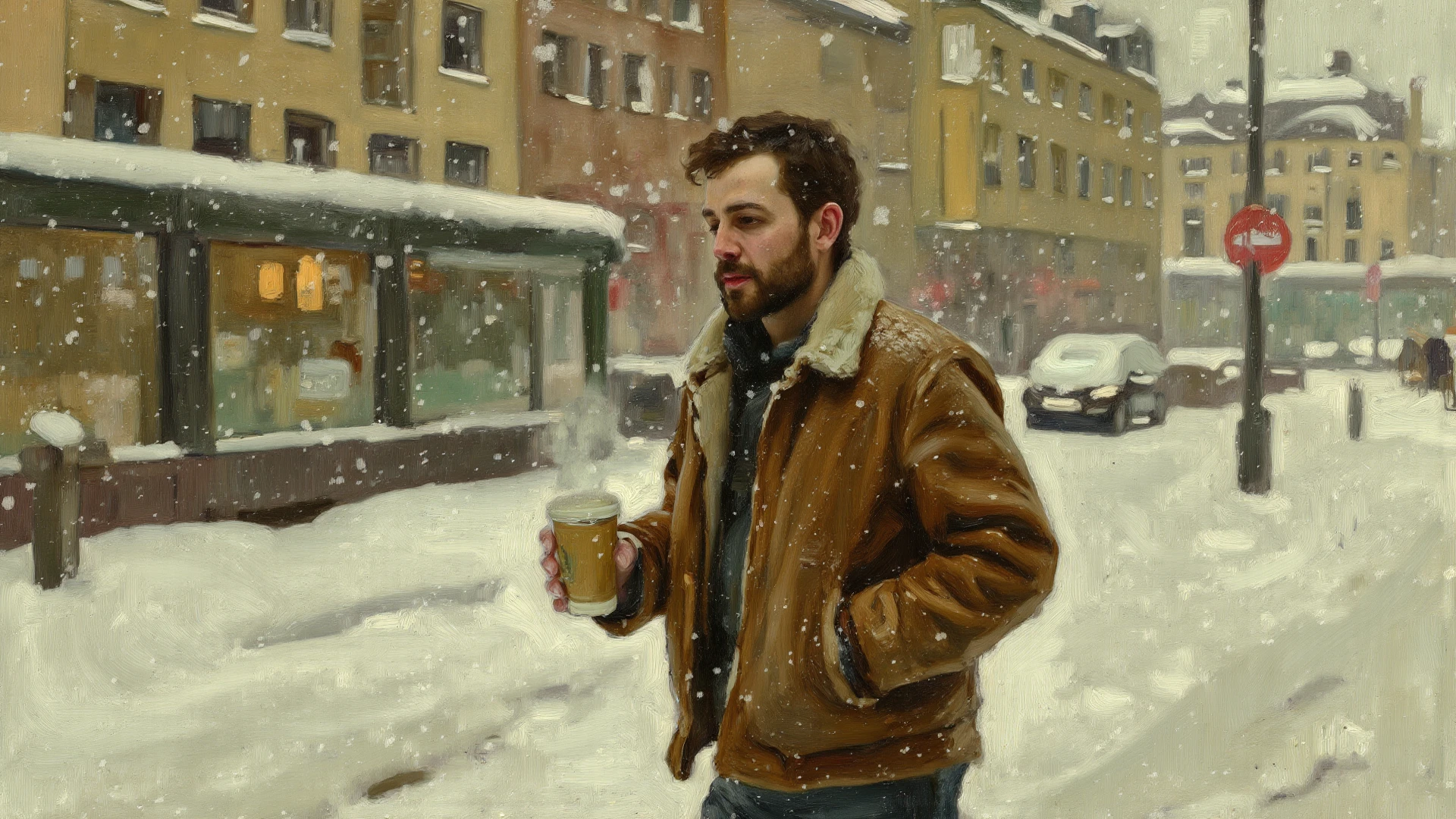 ((best quality)), ((masterpiece)), (detailed), a young hairy man, large cardigan, big dick, big dick, ((perfect dick)), big balls, lots of cum everywhere, winter, he is standing on balcony, drinking coffee, 