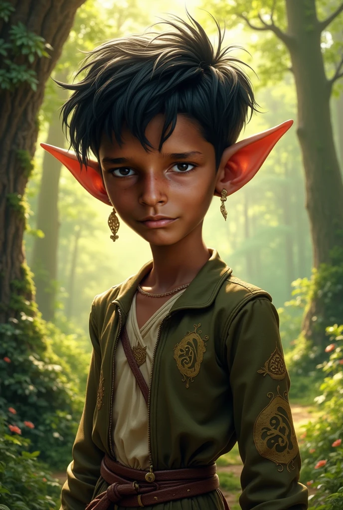 Male alf
18 yers old
brown skin
Glowing green eyes
Dark brown dreadlocks
Small pointed ears with many jewels
smooth skin
A bit pointed face
Slim and
brown wide pants
A simple green shirt
6.9 fut tall
Smailing
fantasy dnd lord of the rings
