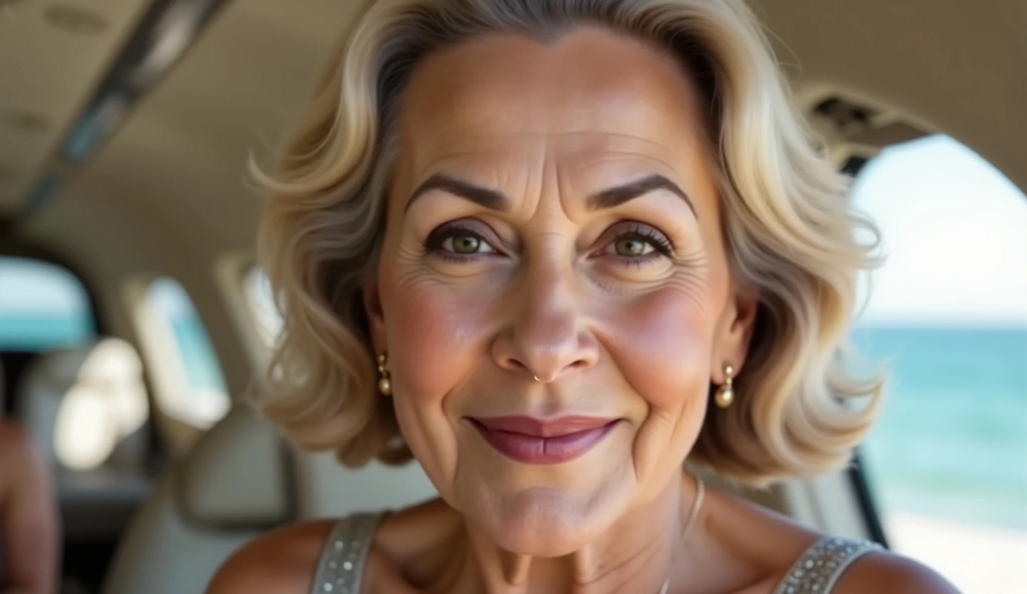 A confident woman in her 60s stands on the beach with a stunning ocean view behind her (full body shot). A close-up of a confident woman seated on a private jet, facing the camera with wide, expressive eyes and a soft, poised smile. Sunlight from the nearby window illuminates her face and shimmering dress, capturing quiet elegance mid-flight.