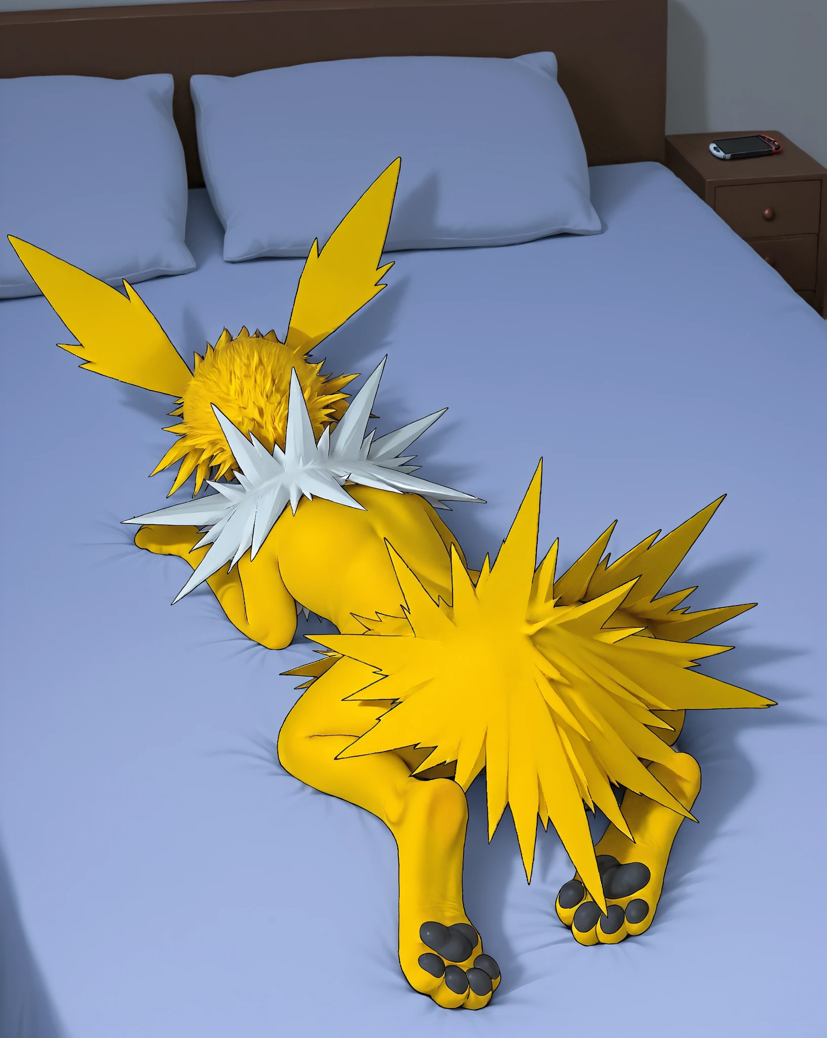 Pokémon jolteon, female fully grown jolteon, laying down perfectly inside a bedroom