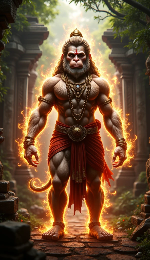 "A highly detailed and high-definition image of Lord Hanuman standing on a stone. He has a powerful, muscular body and blue, intense eyes that give him a real and divine appearance. He is wearing a Rudraksh necklace around his neck and also on his wrists. His tail is visible, and he is holding a Gada (mace) in one hand. Hanuman Ji appears in his traditional monkey-like form, exuding strength and divinity. The image should be of the highest quality and capture the essence of the revered deity."