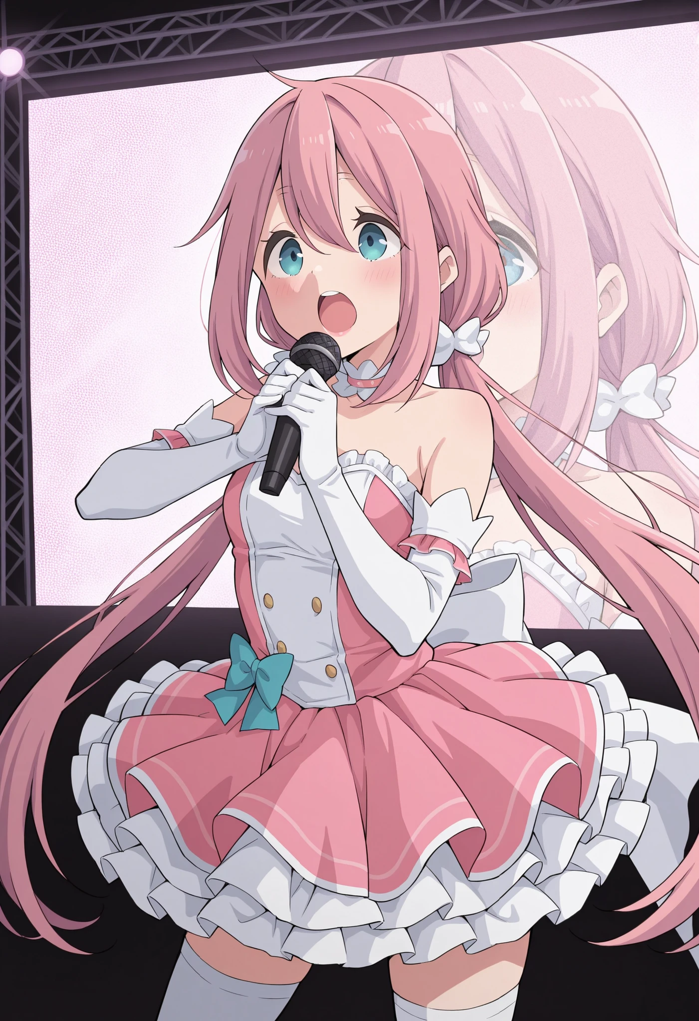 Score_9, score_8_up, score_7_up, source_anime, nadeshiko kagamihara, solo, low twintails, pink hair, blue eyes, (best quality), (high quality), {masterpiece}, extremely delicate and beautiful, ultra-detailed, beautiful detailed eyes, idol, idol costume, pink dress, white elbow gloves, white thighhighs, holding microphone, on stage, screen, multi colored light, dynamic pose, singing, pink lips, open mouth