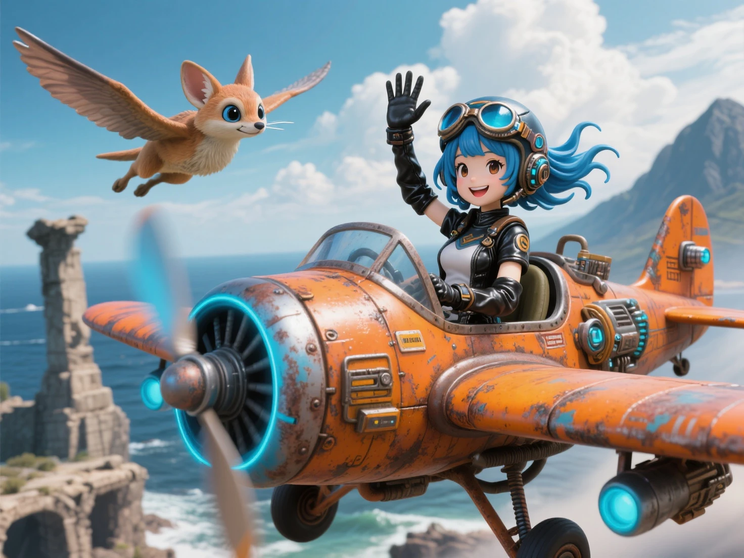 exquisite resin figure、cute girl with blue hair、The biplane is a legendary vehicle with partially customized futuristic gadgets {x} I'm in the cockpit of a quaint orange rusty cyberpunk biplane、A girl with a big smile is raising one hand from the cockpit to say hello、hair fluttering in the wind、wearing cyberpunk leather equipment and holding up goggles on a helmet with cyberpunk goggles、Wearing upper leather gloves、Fennec, a  with big wings and big eyes, flies next to the biplane、biplane, which partially glows blue like a light emitting organ, is a legendary vehicle, and futuristic gadgets have been partially customized々The、features ruins of an ultra-ancient civilization, sea, mountains, and clouds in the background。and go、figure used in dioramas、An overall colorful screen、figure used in dioramas、Strong depth of field、masterpiece、Cover of a model magazine、The propeller of the biplane rotates at high speed and has strong motion blur