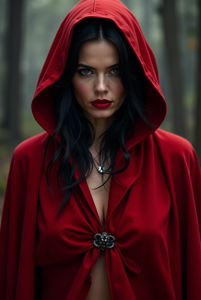 portrait of a kitsune, illustration, nsfw, fantasy, (masterpiece, best quality:1.3), (highly detailed:1.5), UHD, 8K, beautiful, jawline, cheekbones, (red lips, red eyes), brown hair, long hair, collarbone, large breasts, leather cloak, red cloak, hooded, looking at viewer, (amazing background), (depth of field)