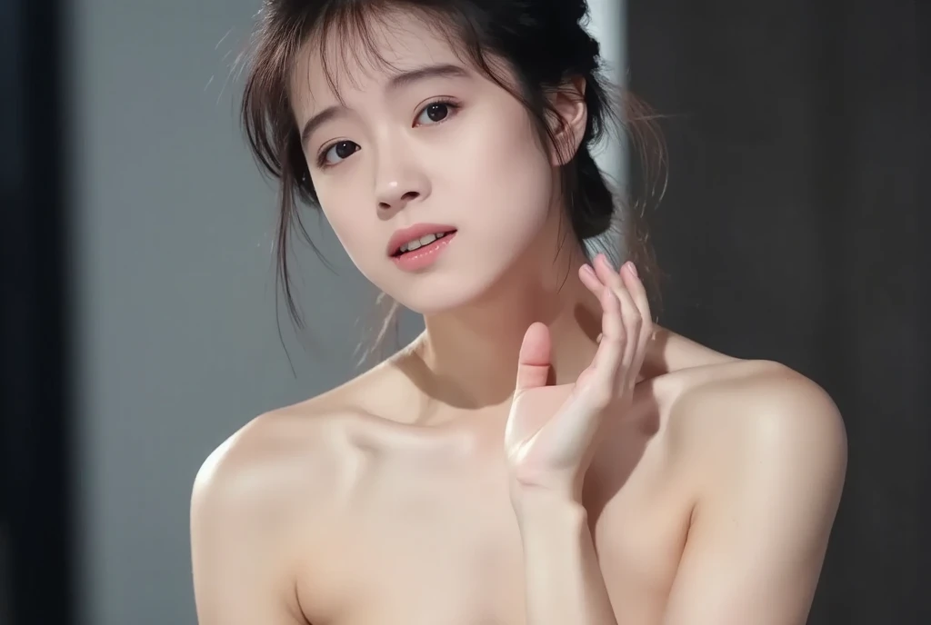 Super beautiful eyes、innocent face, (((realisitic)))a picture, masterpiece, top-quality, 1girl in, a slender waist, top-quality, pale-skinned, Black background, (Face and eye details:1.1), Unique, red blush, ((full of shyness)), extremely delicate and beautiful girl, dynamicposes, (to8contrast style), torch clothes, naked body, nude, full naked, showing, beatiful tits, hard nipples, magazine cover, blue hair, no black and white, wet body, seductive smile, innocent face, at public place