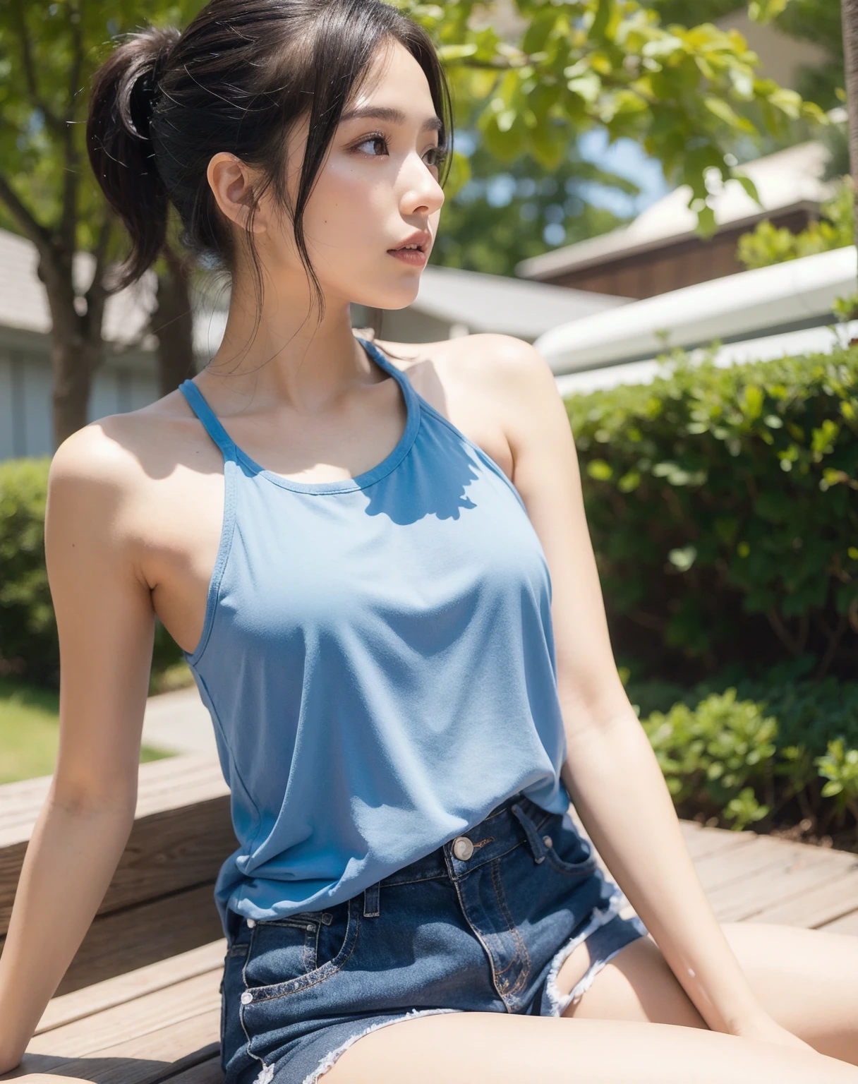 Photo quality,Masterpiece,Realistic,(14 year old cute Japanese girl:1.9),(Detailed young face:1.9),(Very embarrassed look:1.9),(Thin legs:1.9),((Wear cute, trendy clothes:1.9)),(Random perspective shots),((Disheveled Hair:1.9)),(Inner thigh visible:1.9),((Droopy eyes:1.9)),((Body type of a 14 year old girl,Small Tits:1.9)),(Short bob hairstyle:1.9),((Skinny Legs)),Very pale skin,Show your forehead,Detailed body,Detailed hands,No makeup