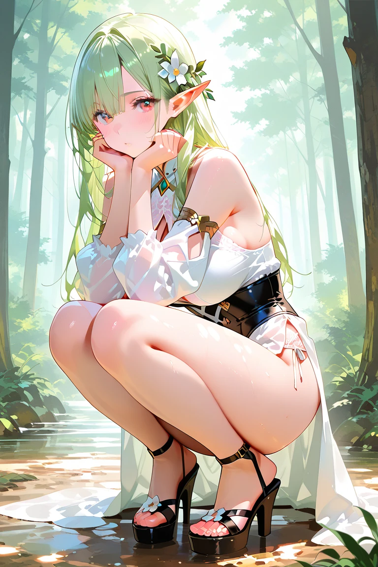 nsfw, visible breasts and nipples and pussy, open legs, (masterpiece, best quality),1girl with long white hair sitting in a field of green plants and flowers, her hand under her chin, warm lighting, white dress, blurry foreground