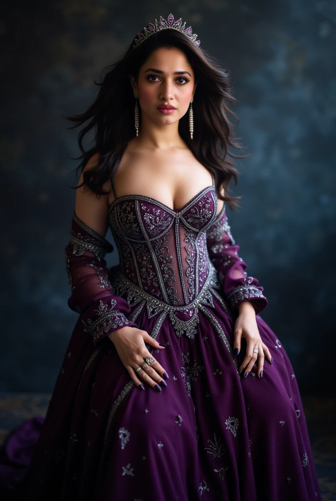 South asian girl in a renaissance castle. She is wearing a long sequins rose gold ball gown and burgundy velvet opera gloves. There is rose gold laces on the breast part of the dress and on the top of the gloves