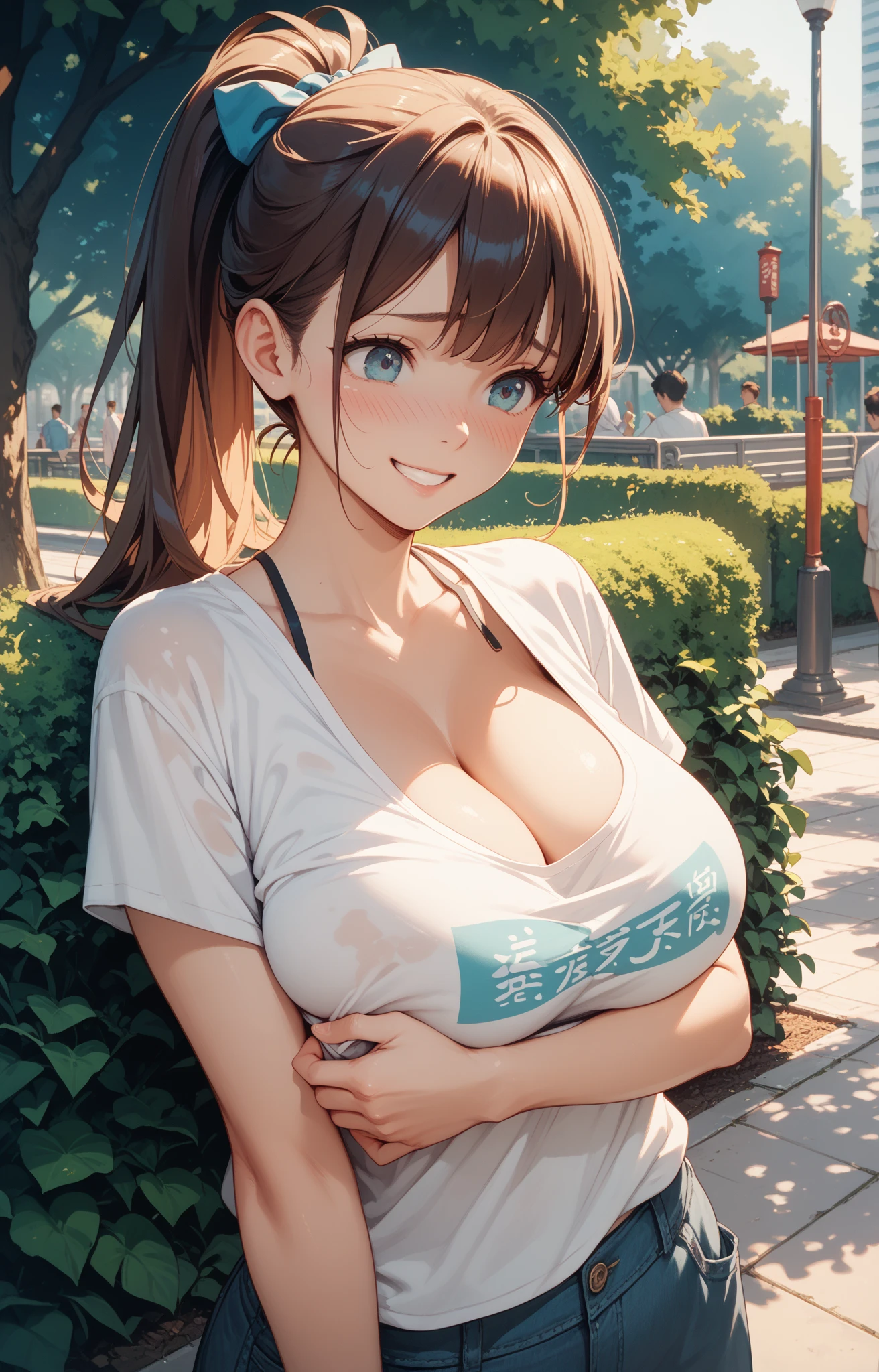 (masterpiece:1.2, top-quality), (realistic, photorealistic:1.4), beautiful illustration, (natural side lighting, movie lighting),
looking at viewer, 1 girl, japanese, high school girl, perfect face, cute and symmetrical face, suntan, shiny skin,
(long hair:1.5, straight hair:1.4, brown hair), forehead, blue eyes, long eye lasher, (large breasts:0.8), perfect body,
beautiful hair, beautiful face, beautiful detailed eyes, beautiful clavicle, beautiful body, beautiful chest, beautiful thigh, beautiful legs, beautiful fingers,
((white color oversized tank top:1.2, midriff:1.1, tight short pants), necklace, bracelet),
(beautiful scenery), evening, (forest), (breast grab:1.3), (sexy smil, upper eyes, open mouth),