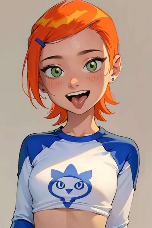 (masterpiece, best quality), 1girl, beautiful face, gwendolyn_tennyson, breasts, (1girl, solo:1.3),, blank background,, nude, medium shot, upper body, detailed face,smile, open mouth, long sleeves, raglan sleeves, ,multicolored shirt, tongue out, graphic shirt, 