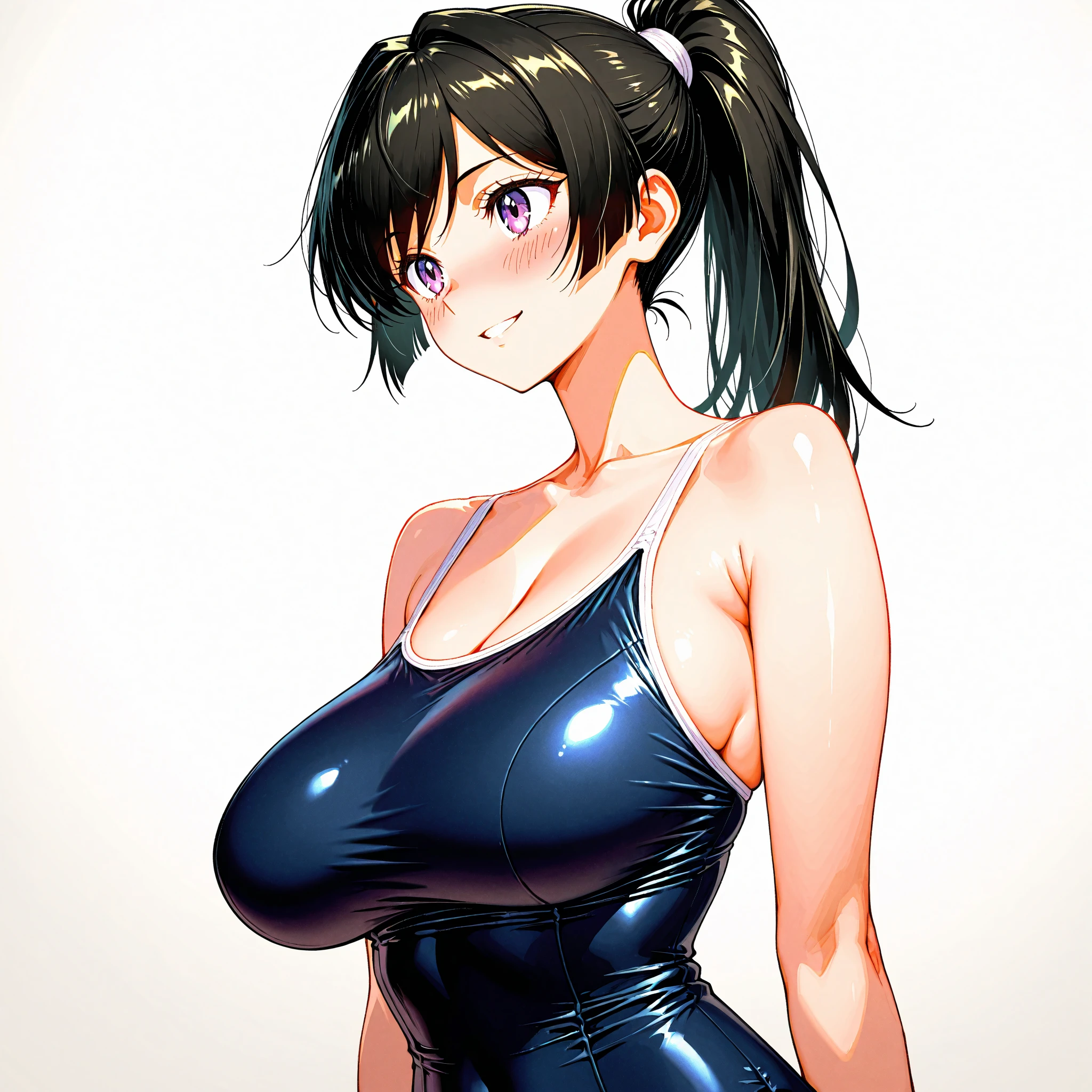 Anime Girls, (masterpiece, highest quality, 8K ultra-high resolution:1.4), gleaming skin, beautiful detailed eyes, ultra-detailed, cowboy shot
1girl. solo, mature, adult, milf, facing viewer,
looking at viewer,
smile, horny, sweat, nervous,
((school swimsuit)), Highly detailed glossy skin, Dark blue one-piece swimsuit, (Swimsuit with wet and shiny details: 1.2), big butts, thick thighs,
Gigantic Sagging Breasts, grey background, simple background,