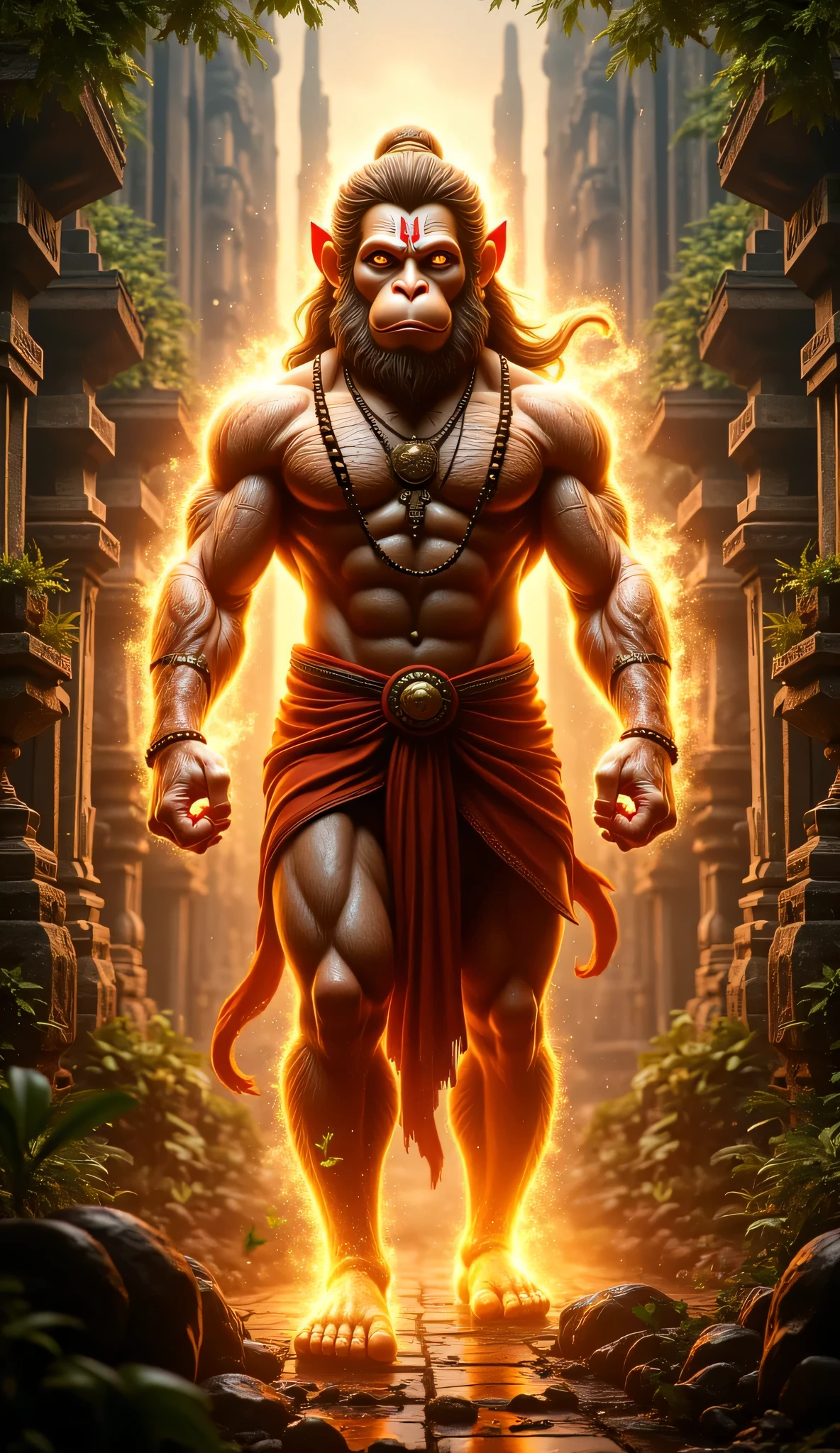 Hanuman Create a high quality image of Hindus dieties which is Hanumanji and he has monkey face and tail and his tail is flying by wind which is Hindus god name Hanuman ji good looking and wear a rudraksh in his neck and in the position of worshipping and he has six pack and showing his six pack and the background is divine atmosphere and nano light in the background