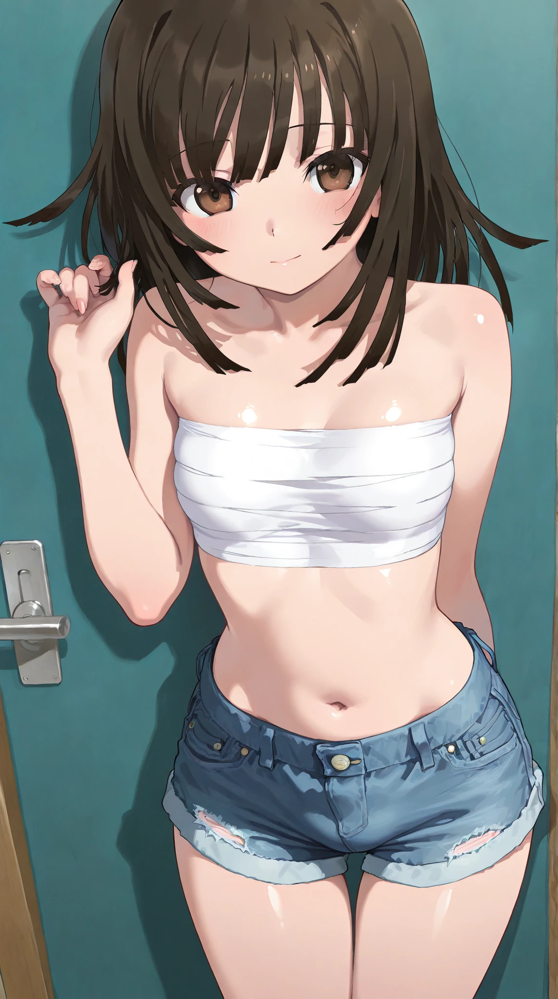 hug, (High resolution:1.4), (masutepiece:1.2), (High quality:1.3) 1girl, saten ruiko, green eyes, long hair, black hair, small breast, tank top, hot pants, cinematic lighting, pov, dynamic angle, nsfw, open mouth, smile, SLPP, shirt lift, pants pull,