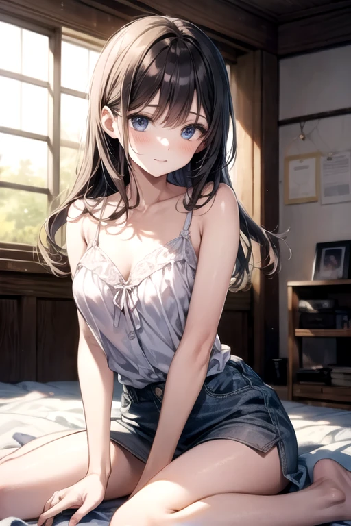 Slender beautiful girl, alone, school swimsuit, high resolution, top quality, fine details, do not blush cheeks, knee high, dynamic angles, cinematic lighting, rake up hair