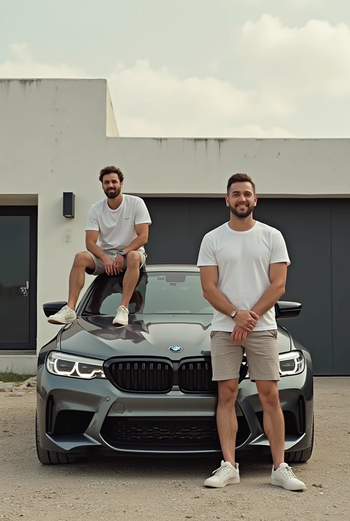 european, european men, posing, detailed face, car and people, people standing in front of car, laughing, smiling, happy, group, men, elite, muscular, brotherhood, Black Brabus, Brabus G Wagon, Mercedes, surfboards in the background, (brotherhood, group of elite men) muscular, sporty, rich, luxury, beach, sun, fitness, shredded