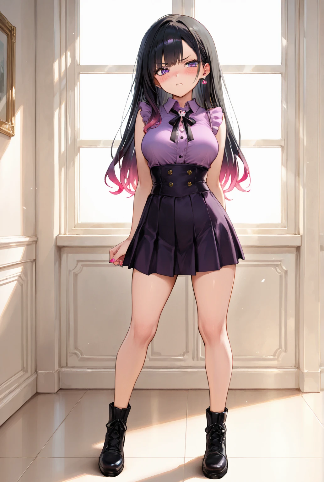 In 8K、highest quality、room with window、with a girl、Dark purple hair、twin tails、big pink ribbon、delicate face、smile、red eyes、blushing face、black blouse with lots of frills、Plaid pink skirt、beautiful feet、striped lace tights、black platform pumps、seductive thighs、big breasts:1.8、big ass:5.5、big breasts、 thin waist、beautiful waist、shiny skin、black panties with holes、look down from below、seductive thighs、

