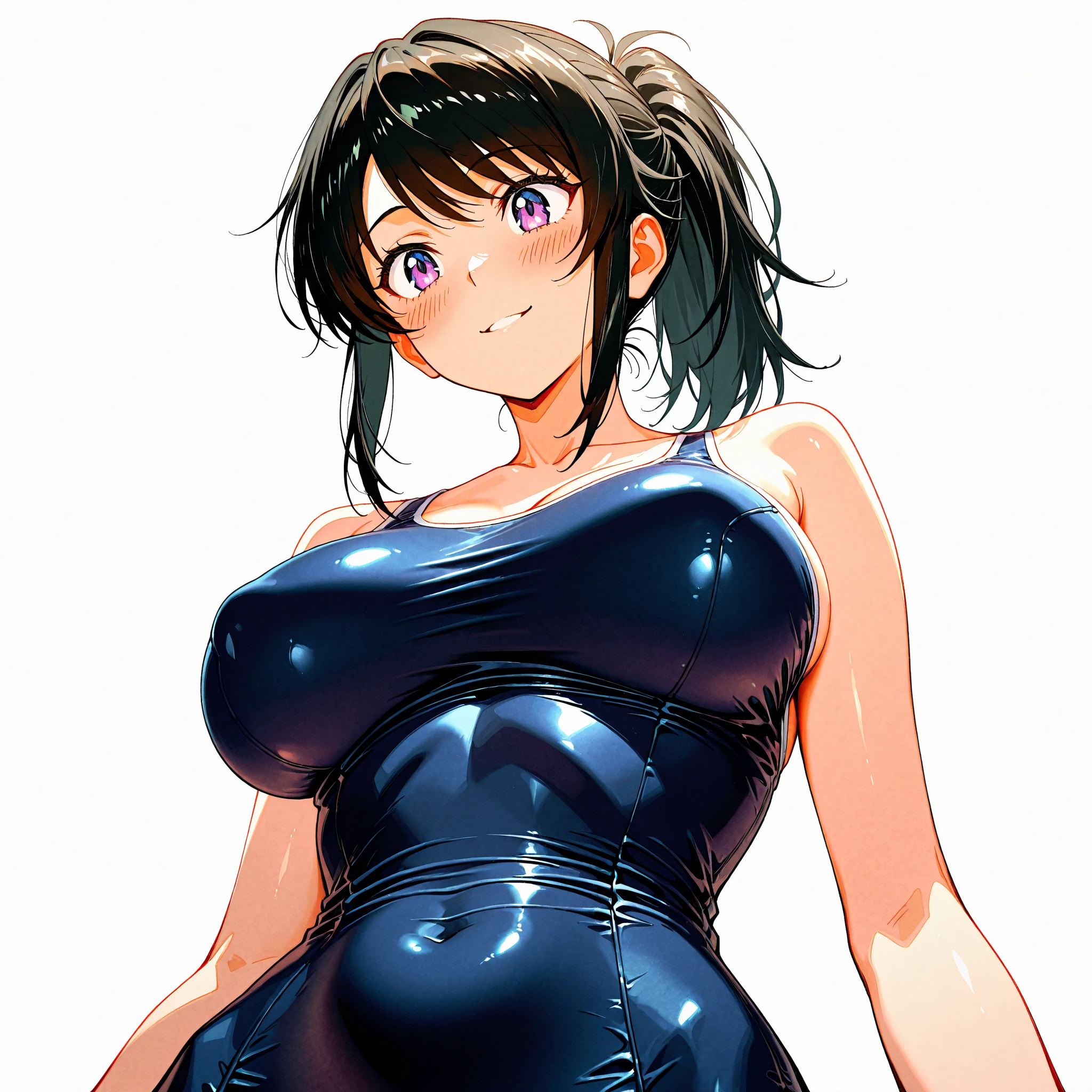 (Perfect body),Best Quality,(8K Portrait),(anime screen cap)、((Police Woman))、 srestrained,blush,Sweat,((large udder)) ,((puffy niples))、(Dark hair),((bob cuts))、Yellow eyes、Tied wrists,(thick thighs),((Navy Blue High Leg Swimsuit ))、adult woman、((A smile))、Cowboy Shot、((Salute))、Left hand on hip、((Wink))、Sleeveless