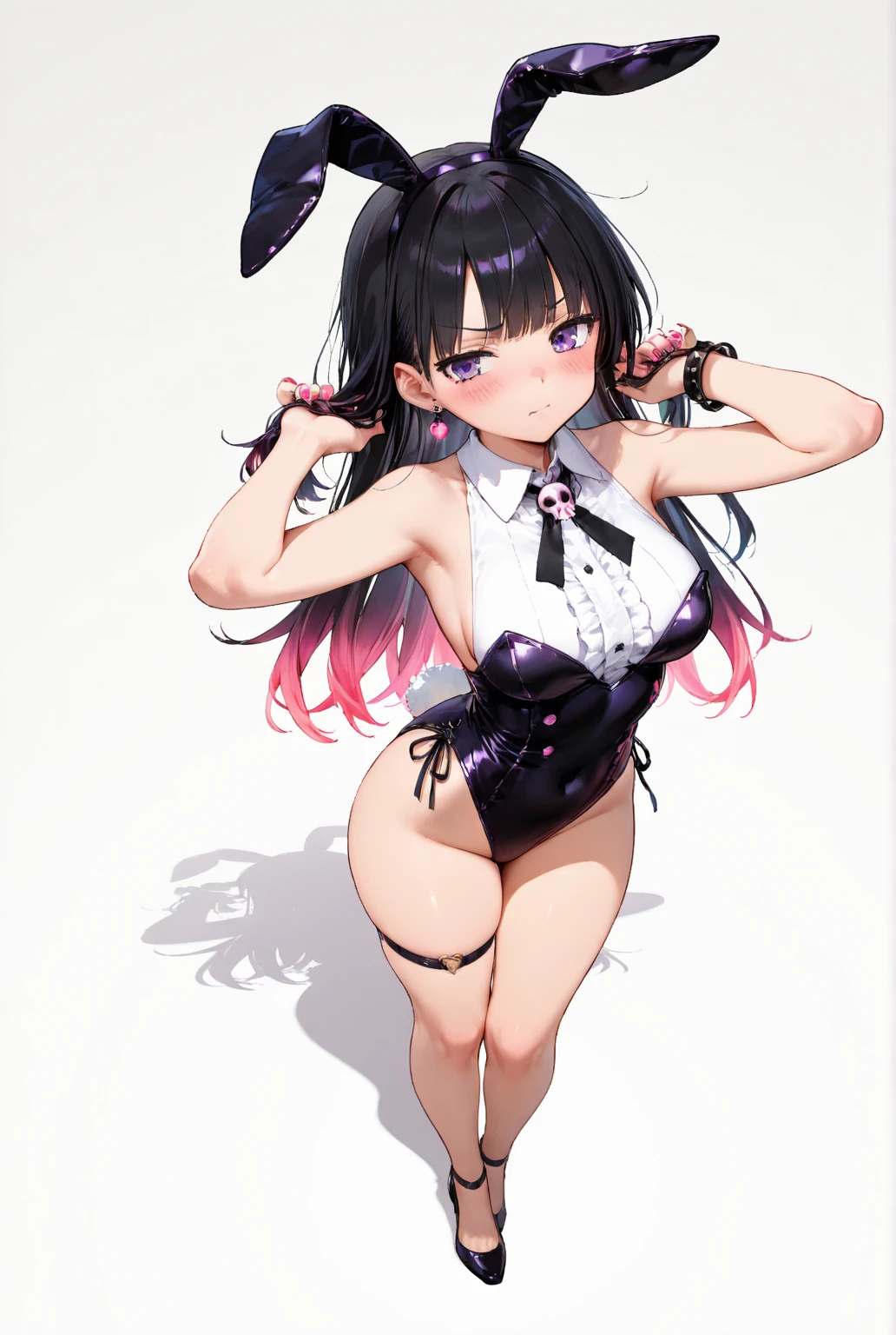 (absurdres, 8k, 4k, masterpiece, hyper extreme detailed:1.2), solo, 1girl, front view, perfect face, 1girl, portrait, expressive eyes, solo, standing, Female, perfect hands, pale skin, friendly, excited, punk rock, Long Hair, Multicolored Hair, black choker, black lipstick, Piercings, Ear Piercings, Nose Piercings, medium Bust, smile, half body, perfect anatomy, hands in pockets, anatomically correct, cowboy shot, no background, empty background, covered chest, white background, exposed shoulder, bound, bondage, (arms behind back:1.4), bdsm, tape gag, tape, tape bondage, restrained, tape wrapped, wrap gag, bondage, taped wrists, taped breasts, taped mouth, taped elbows, taped forearms, standing up, 1girl, cleavage, black hair, bunny girl outfit, playboy bunny, bunny ears
