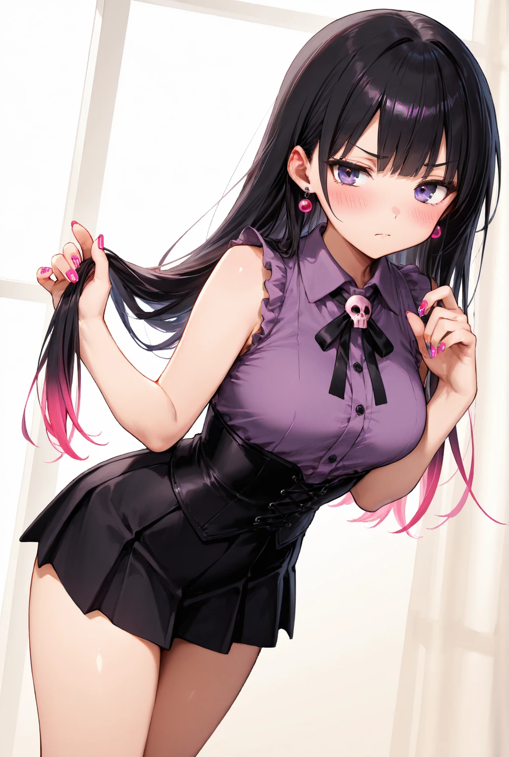 fullbody, 1 girl, floating sitting pose, ((pink halo,)) black hair, ((big sized twin tails)), ((blunt bangs)), ((hime cut)),  big black hair bow, sad, tearful, crying, goth tight sweater with boob window, black harness on chest, chest harness, belt on chest, long black nails, fashion (((pink skirt))), the skirt is light pink, mismatched thigh high stockings, cute purple wings on her back, with bandaids, adhesive bandages, cleavage_cutout, mismatched_legwear, asymmetrical_legwear, menhera