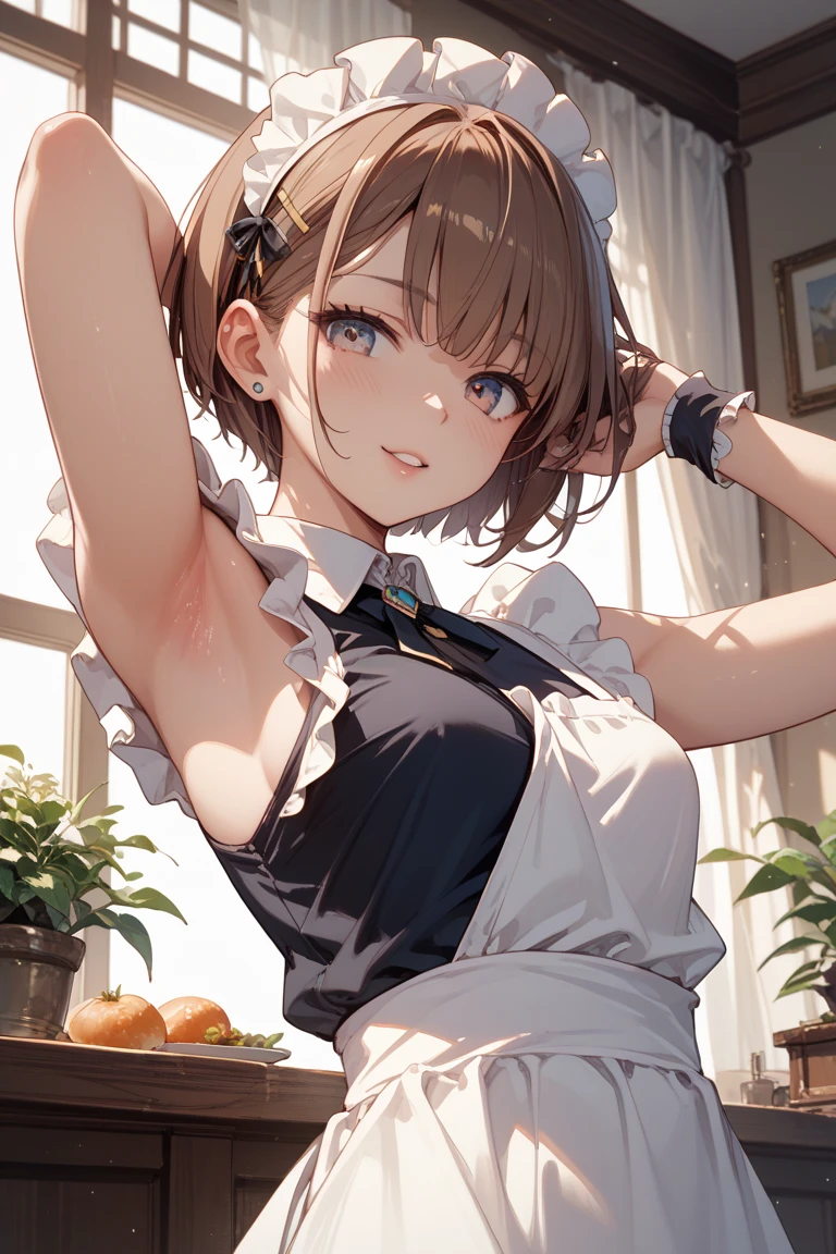 (from above:1.2),(from side:0.9),(A masterpiece of image quality in 8K),(Beautiful Allafed Woman),(((emphasizing breasts:1.1))),(Dynamic angles),(Dynamic and sexy bending pose:1.3),(sit a chair:1.1),(Short hair in shiny silver and orange inner colors,small full breasts,Disturbance of clothing due to movement,breast slip,(Ponytail twisted buns adorned with elaborate braids and beads,Braided Setup Fishbone Hair,),(see-through bangs),(perky chest:1.1), (pointed chest:1.3), small breasts、(((A white lace apron that shows your bare skin from under your small breasts)))、Blush with embarrassment、Enraptured eyes、A smile that beguiles the viewer、(Look back:1.7)、Look into the photographer,skin glistening with sweat,gazing at viewer,,(Professional Lighting),(8K,masutepiece,top-quality,Ultra-high resolution output image,),(Ultra HD with complex detail image modes),depth of fields,Beautiful hands,Beautiful fingers,Detailed finger features,(Detailed hair features:1.7),detailed facial features,detailed clothes features, (perky chest:1.1), (pointed chest:1.3), seductive weak smiling,(with sparkling eyes and a contagious smile),little open mouth,
