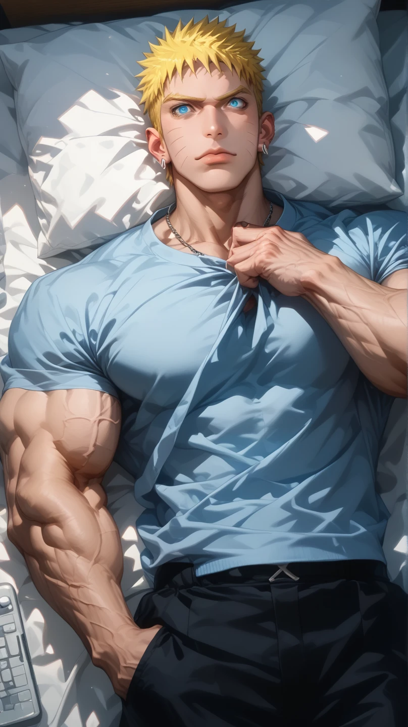 Yuuji Itadori, muscled body, defined abdomen and chest, tight t-shirt, tall stature, lying on a bed with your abdomen showing
