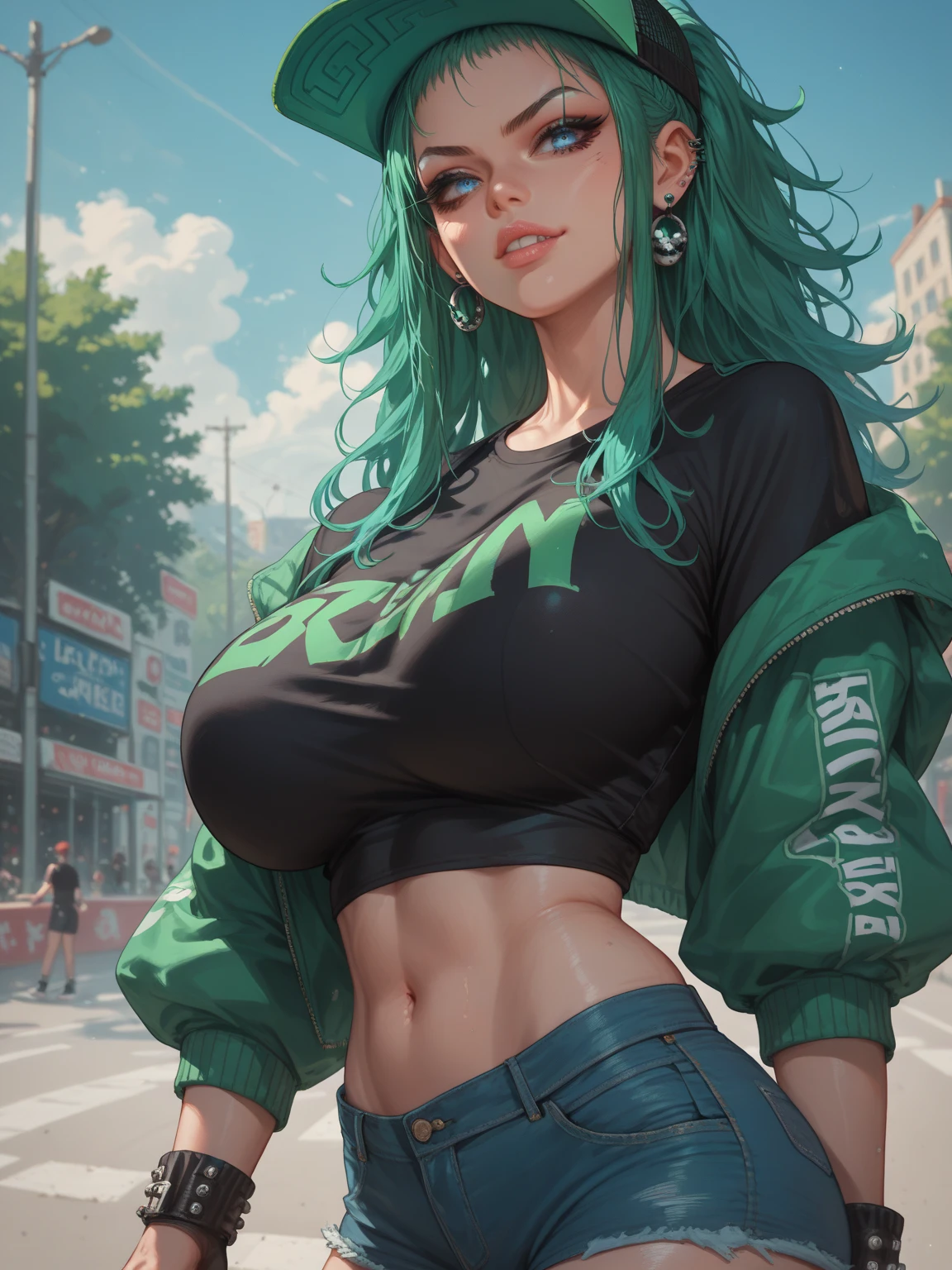 Lacey bra, light green hair, black markings on pants