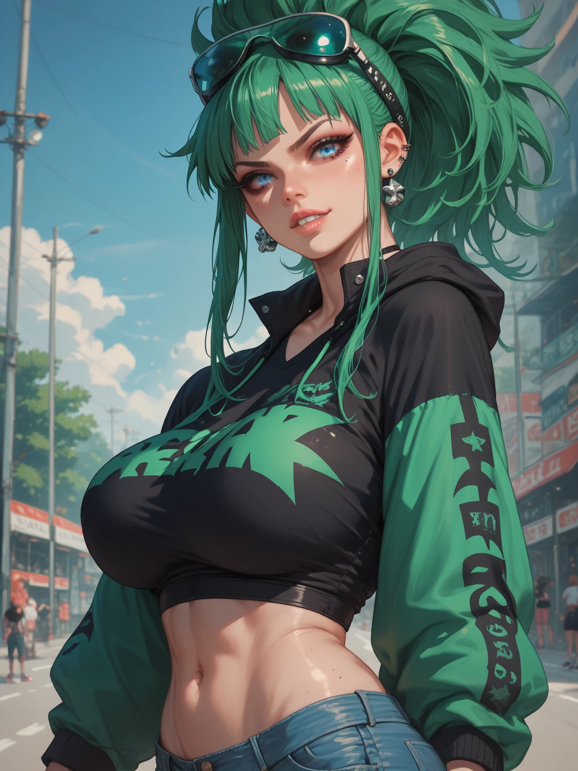 YouTuber girl,(((1girl))),((extremely cute and pretty girl with green curly hair)),

(small breasts:1.4),(((green curly hair:1.35, very curly hair, colored inner hair, ear breathing, short fur))), (((green eyes:1.3))), intricate eyes, beautiful eyes detailed, symmetrical eye), delicate detailed fingers, detailed body, human hands, (detailed face),

Revealing clothes ,show skin, ((rave mini skirt, Bracelets, G-string visible, Loose white cap with pop art print)), ((wet clothes, intricate clothes, intricate clothes)),

(dynamic pose:1.0), embarrassed, (Centered, scale to fit dimensions, rule of thirds),

seaside town at night with glowing neon signs,

Unreal Engine:1.4, UHD, Best Quality:1.4, Photorealistic:1.4, Skin Texture:1.4, Masterpiece:1.8, High, Sharp Focus, (Ultra Detailed, Extremely Detailed), (Photorealistic Art:1.37), (Extremely Detailed) CG unity 8k wallpaper),((Synthwave background theme)), (((vibrant colors))), (intricate background), (masterpiece),(best quality),