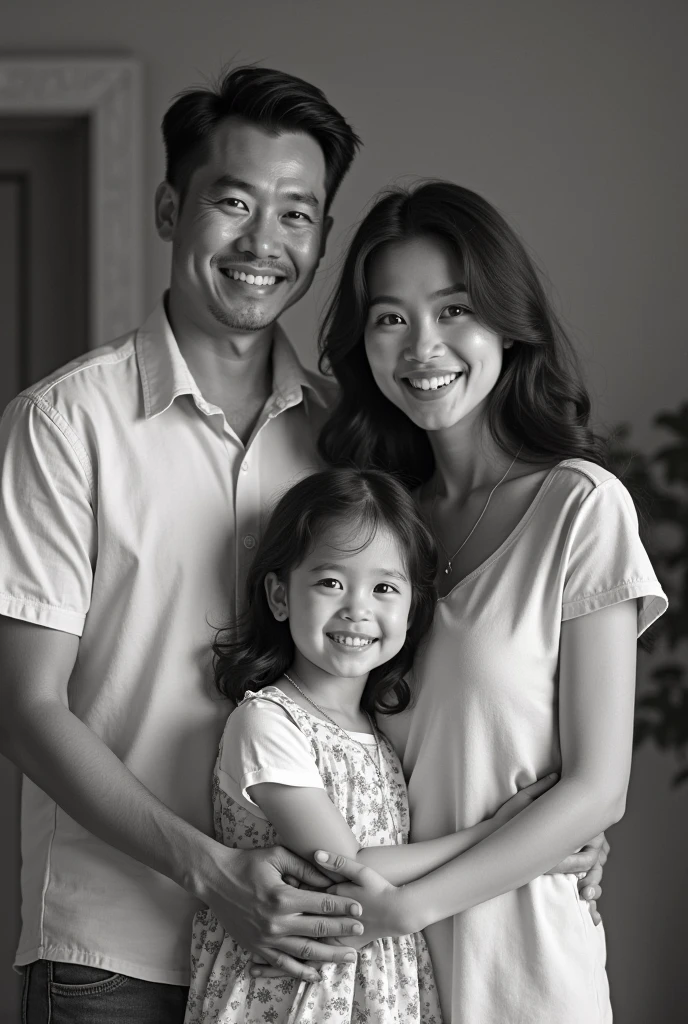 a realistic family photo showing harmony. This family consists of seven people: 50 year old father, 40 year old mother, two boys aged 25 and one aged 10, as well as three daughters aged 20, 17, and 13 years. Father and mother stand in the middle with warm smiles., surrounded by their children. Father wore a neat shirt and trousers., giving the impression of maturity and responsibility. Mother is wearing an elegant dress, radiating warmth and love. Both boys wore matching shirts and pants., reflect their maturity, while three girls wear cheerful dresses, showing the cheerfulness of their youth. The background is a beautiful green garden with shady trees and colorful flowers., create a strong atmosphere of happiness and family warmth."