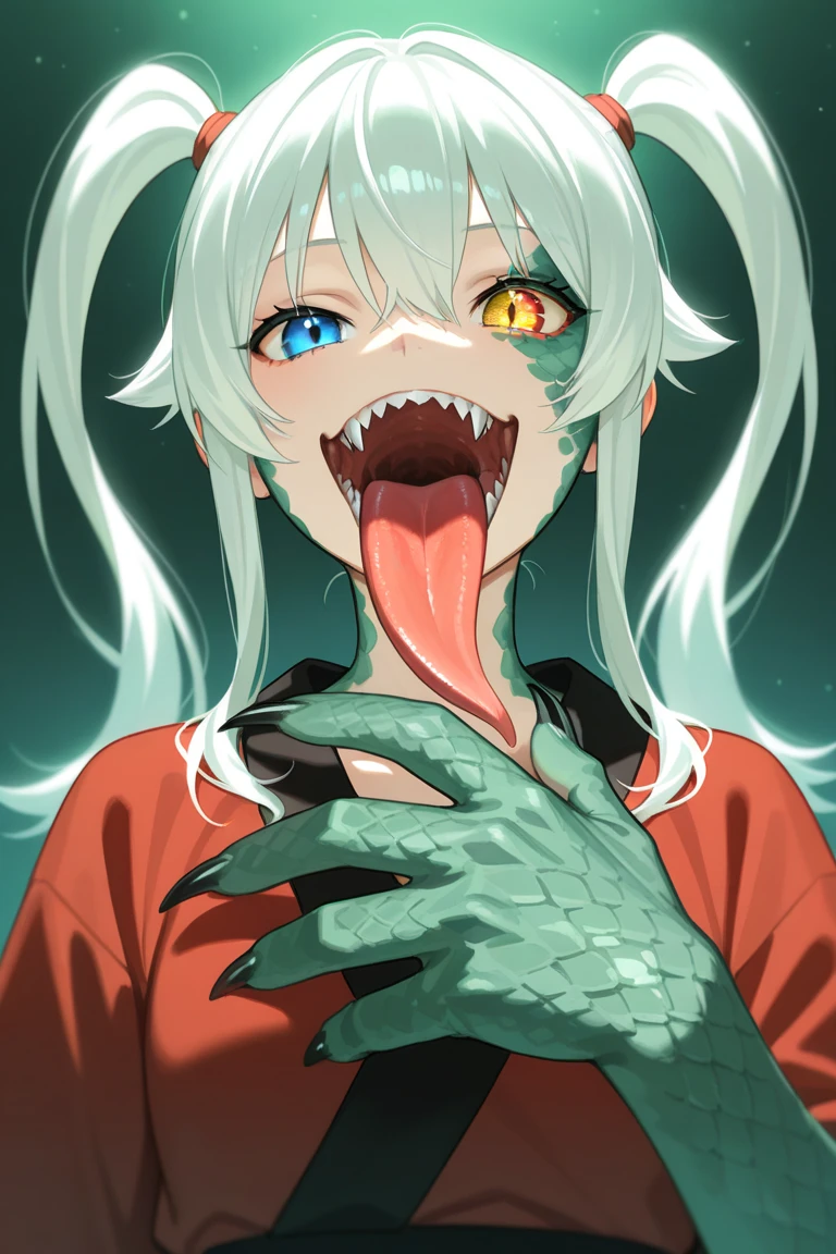 Sitting on the couch watching the phone, long hair, claws, cute face, frightened eyes, scales, glowing, wet, sticky, cute lips, dark, TV glow, pillow