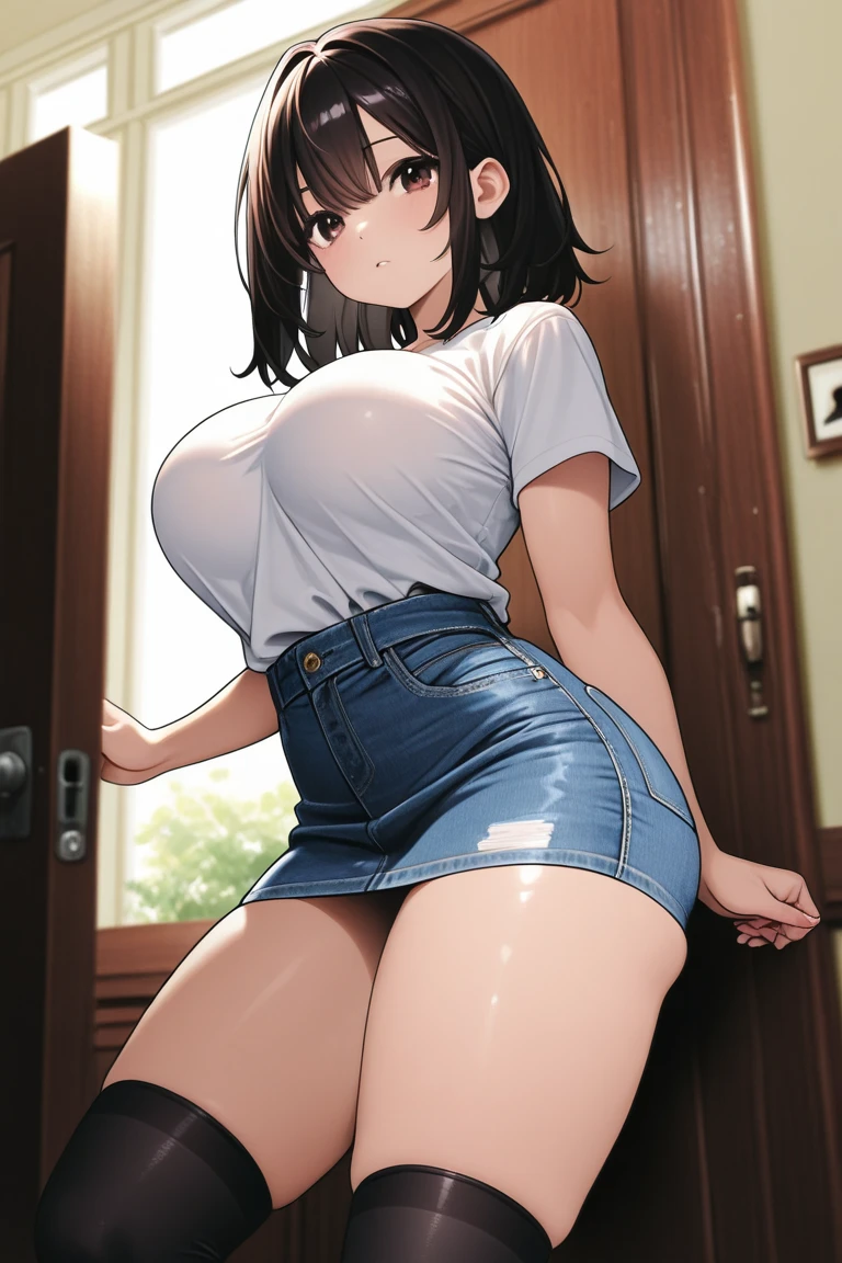 1 girl, ((blush:1.2)), embarrassing, ((white shirt)), huge breasts, naughty big breasts, denim shorts, ((exposed thighs)), ((long and thin legs)), ((thin waist)), thick thighs, ((shorts that cut into the crotch)), hairpin, cowboy shot, Beautiful woman, beautiful face, wet shirt, Close your legs, sexy, pretty eyes, weak woman, Full of gaps