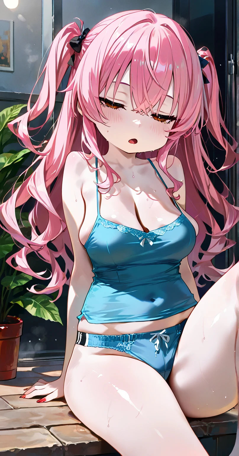 masterpiece, best quality, highres, aalala, long hair, ahoge, hair ornament, green eyes,pink, , (((huge breasts))), ,,looking viewer,indoor,,smile,,open mouth,(blush,sweating),,navel,,(((dark room))),camisole,side boob,denim shorts,bare legs