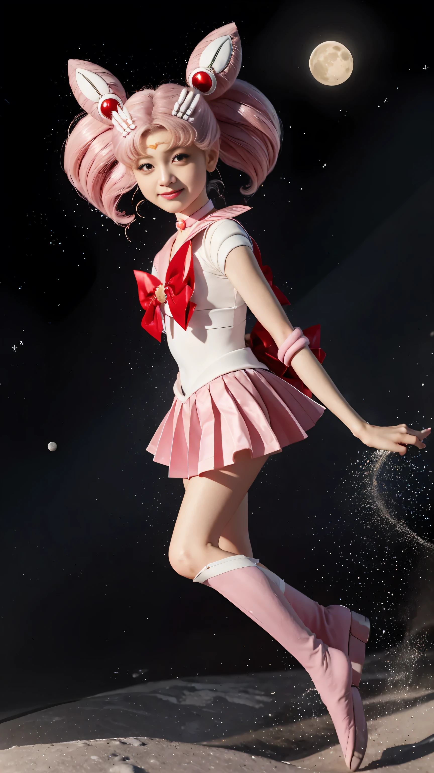 、 Extreme Real, masterpiece, highest quality, High resolution, SAMA1, space, stunning beauty, full body photo、1 、brain out、gloves、lips、solo、Sailor Chibimoon、Chibiusa,red eyes、 uniform、See more1、Tierra、Sailor Senshi uniform、(Raw photo、highest quality)、masterpiece、Pink twin tails、Pink sailor color、bow、choker、白いgloves、ピンクのchoker、elbow glove、gem、pink skirt、only、Full body Esbian、pink hair、(perfect hands):3.8、octane rendering、goddess of the moon, ((long shoot)), beautiful eyes with fine details、、small eyes、looking at the viewer、to8 contrast style、Octane line art、Universe and Moon Background、、No makeup、Bright smile、short, from above, dinámic pose modeling leaning front