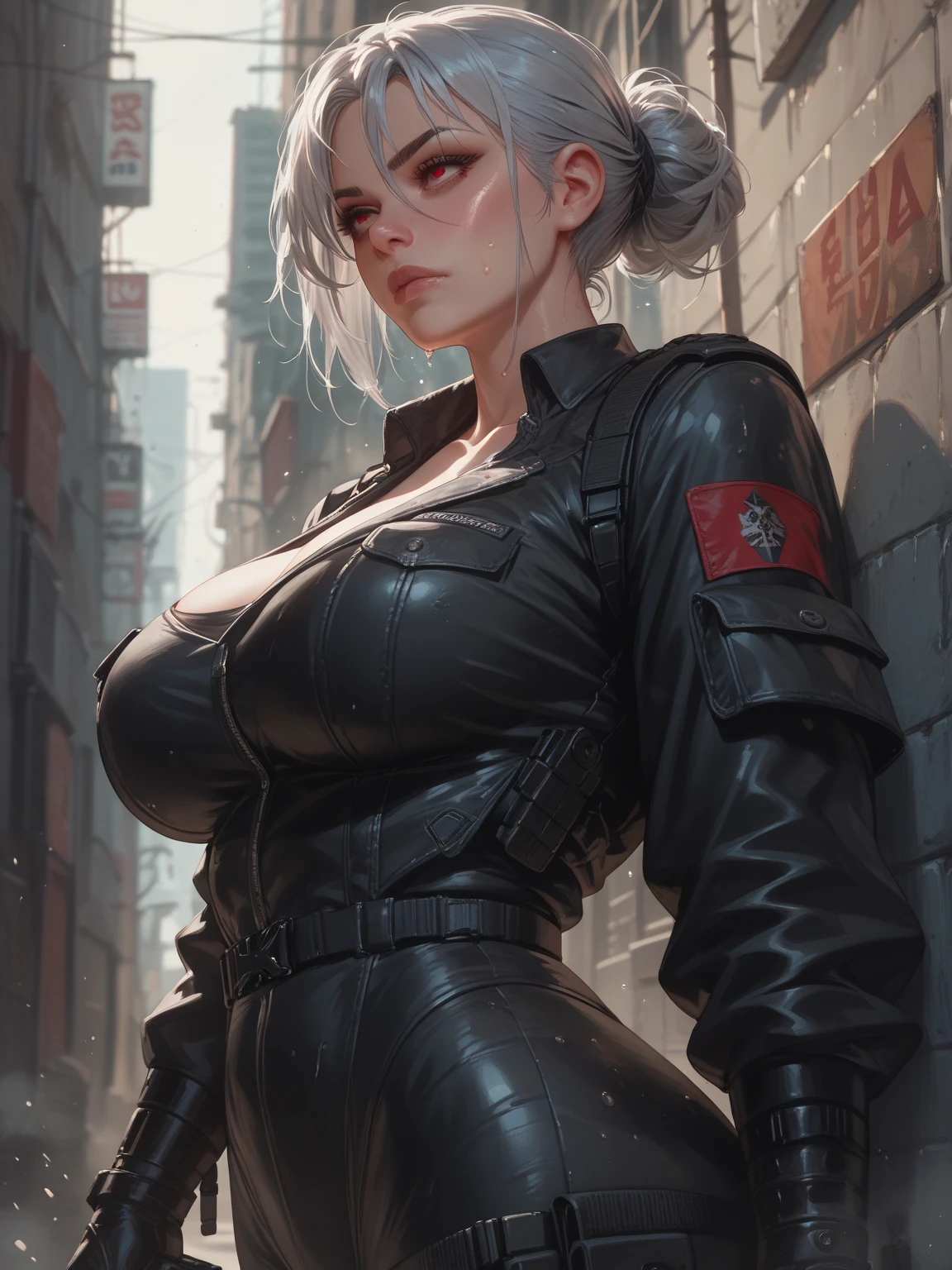 gwen tennyson,yorha 2b,akali,mordred,tracer, samus aran,overwatch,atelier ryza,close up,yakuza mansion,dragon tattoos,white and gold plugsuit,black short sleeve sport top,chain wallet,royal blue short sleeve punk jacket,royal blue cargo pants,short punk hair,punk makeup,green eyes,multicolored silver hair,punk gloves,sexy smile,freckles,beautiful girl,military boots,large breasts,8k,ultra detailed,realistic,fantasy art,hair pin,wet body,ear piercings,(weather:rainy),1girl, gold neck, hand, waist and head jewelry,hunting knife,