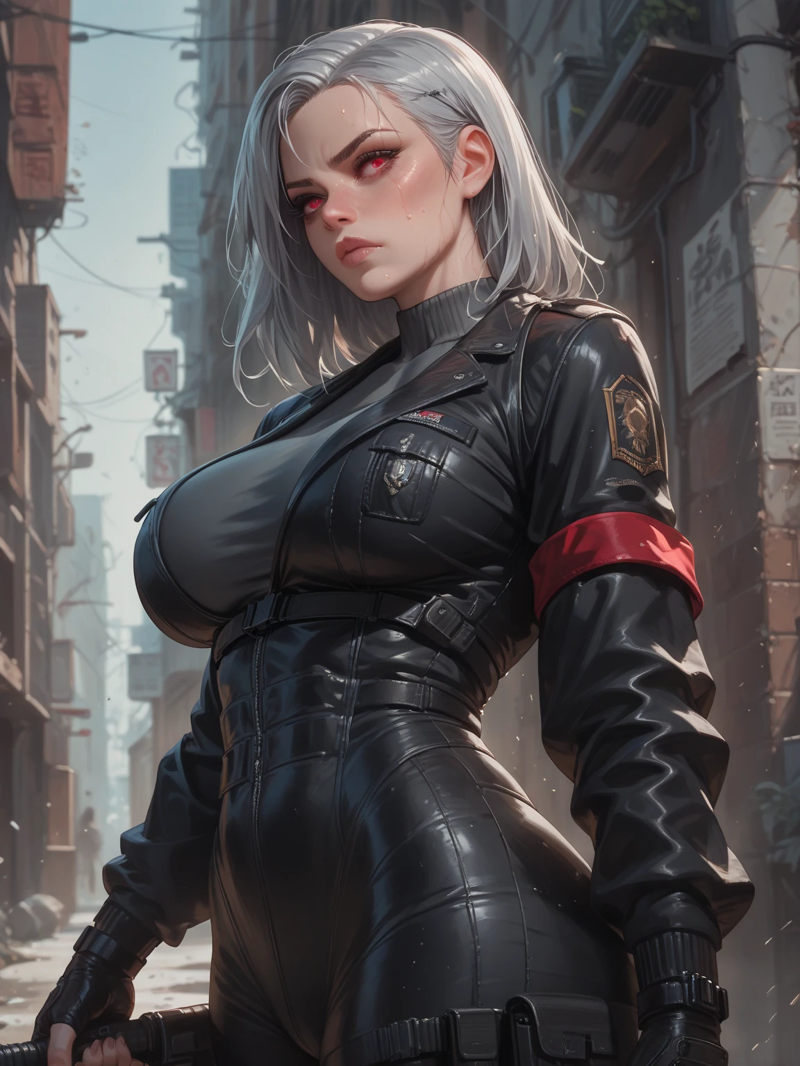 1 beautiful female, heavy metal , bobcut
fututristic, city street
enki bilal
realistic,