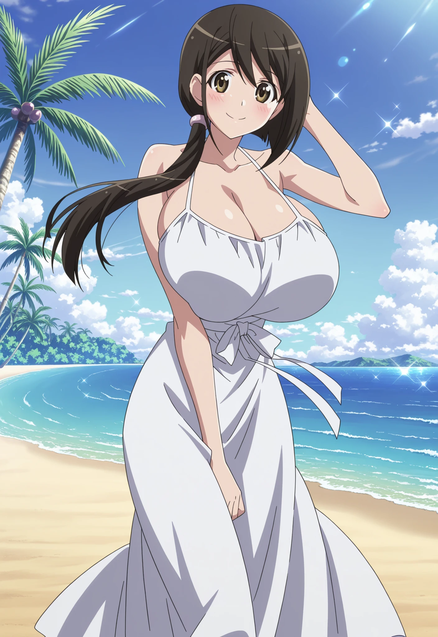 比基尼,Beach,Sunlight, Black Hair, bow, Weaving,Long hair,Purple Eyes,1 girl, 20 years old,Young women,beautiful Finger,beautiful long legs,beautiful Body,beautiful Nose,beautiful character design, Perfect eyes, perfect Face,Expressive eyes, Looking at the audience, In the center of the image,(superior_Body),(Focus on her Face), Official Art,Extremely detailed CG unity 8k wallpaper, Perfect lighting,rich and colorful, bright_front_Face_light,Glowing skin, (masterpiece:1.0),(the best_quality:1.0), 超high resolution,4K,Extremely detailed, photography, 8K, Human Development Report, high resolution, absurd:1.2, Kodak Portra 400, Film Grain, Blurred background, Bokeh:1.2, lens flare, (Energetic_color:1.2) (beautiful_breast:1.3), (beautiful_Face:1.5),(narrow_waist), smile, happy, 比基尼