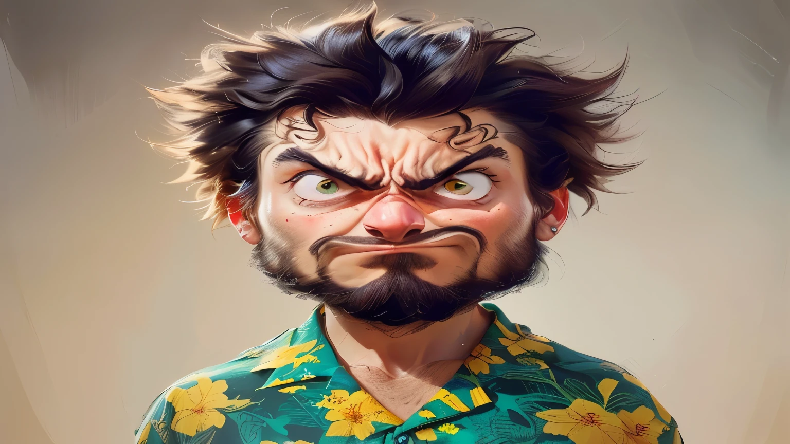 Shaggy man with a beard and a flower shirt with a goofy face, perfect adult woman's body, funny illustration , digital cartoon painting, realistic facial expression, digital cartoon art, olhar zangado, perfect adult woman's body design, angry facial expression , very angry expression, angry expression, cartoon character, homem bravo, close up portrait of a female character, cartoon portrait, hyperrealistic illustration