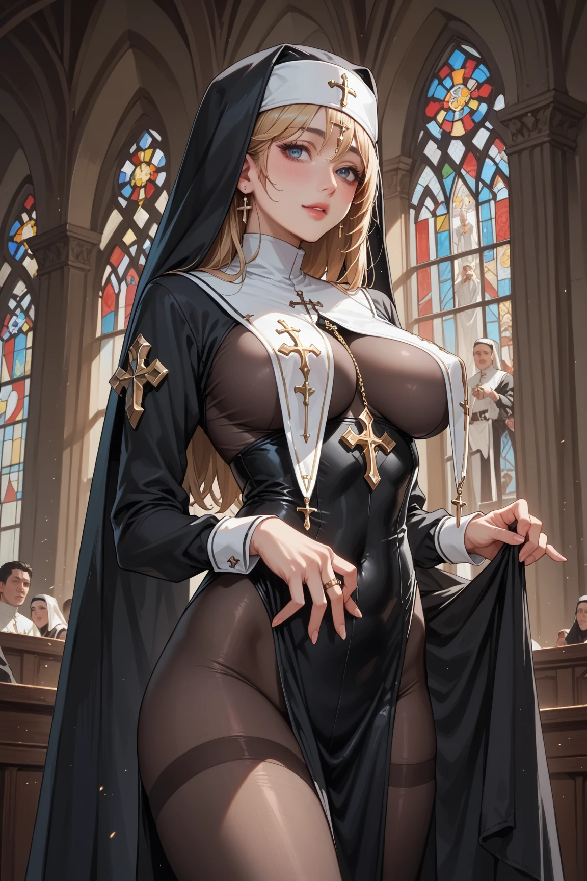 (high quality, 8k, 4K, high contrast, artwork:1.2, high quality, best aesthetics), (dynamic angle), ((1 woman)), erotic, sensual, mature body, super detailed, beautiful face detailed, beautiful eyes detailed, detailed beautiful mouth, perfect breasts, wide thighs, sexy body, blonde hair, long hair, long straight hair, long bangs, blue eyes, sparkle in the eyes, long eyelashes, nun, nun clothes, calm expression, innocent, shy, church, hands behind the back, front view.