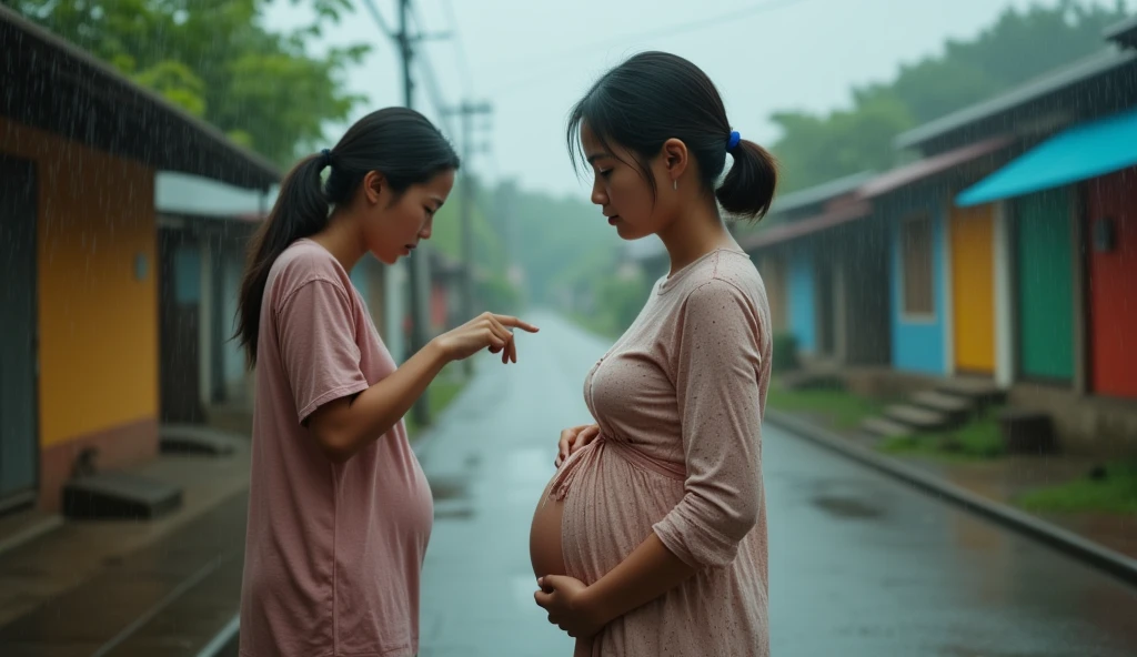 Give me a image of pregnant lady and her sister waiting for ambulance on the road