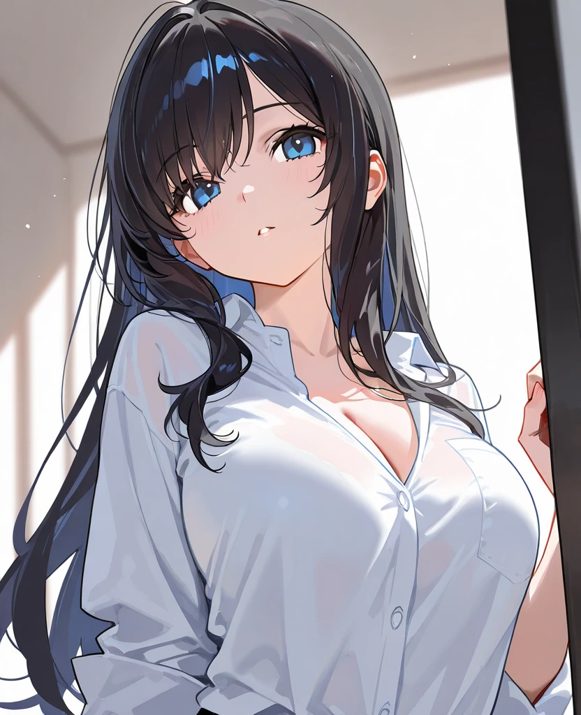 JooRidef, black hair, long hair, blue eyes, large breasts,
1girl, solo, looking at viewer,Large hoodie, no pants
masterpiece, best quality, standing up, 4k, ultra hd, masterpiece, wallpaper, 26 year old woman, mature woman, perfect image, ultra sharp image, lips seperated, 3/4 body image, indoors, close up, long sleeve