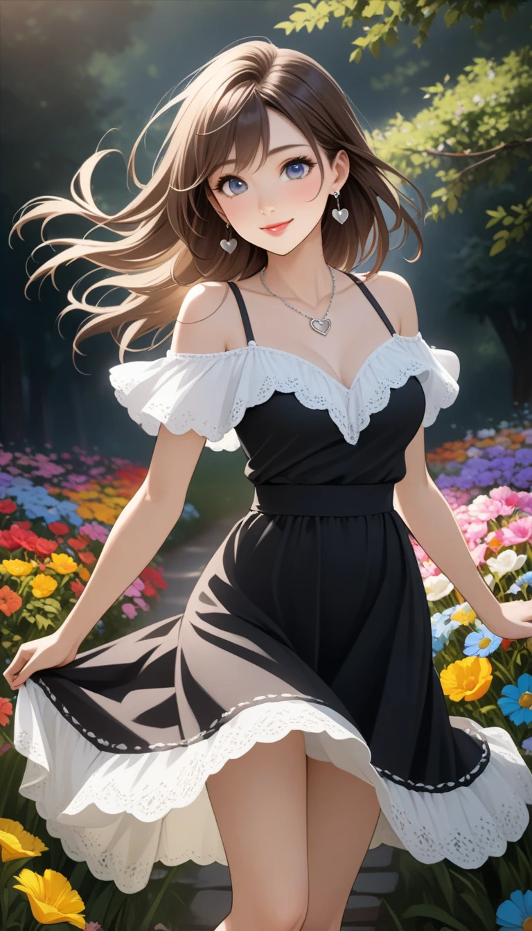 (top quality、 8k 、masterpiece、high resolution)、 Young and Lovely Women 、Mid-chest、(brown medium hair、my hair is fluttering in the wind、Reflux)、full body shot、 (beautiful face,Beautiful Eyes,beautiful nose,pretty lips)、( Stephanie Hoove earrings 、silver heart necklace)、(( black top、Finished in basic colors such as white and a black and white dot long skirt(Ankle Length))、Smile、A lovely pose、(Blooming Flowers々Western-style garden full of )、colorful flowers、vibrant colors、detailed illustration art、