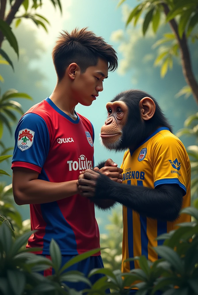 Two chimpanzees in love. The male must have a white civil engineer's helmet and the female must have glasses and a cell phone.. Both must be realistic and must have a polo shirt from the university sports club., a football club from Peru