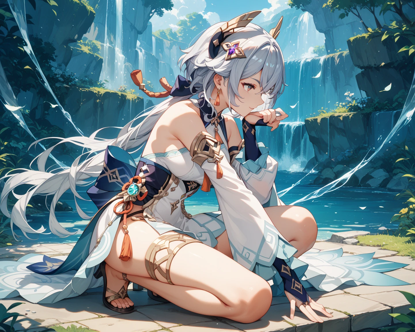 lily、gray hair、Fox、warrior、shrine、long hair、small breasts、highest quality,woman、Completely naked、Miko costume