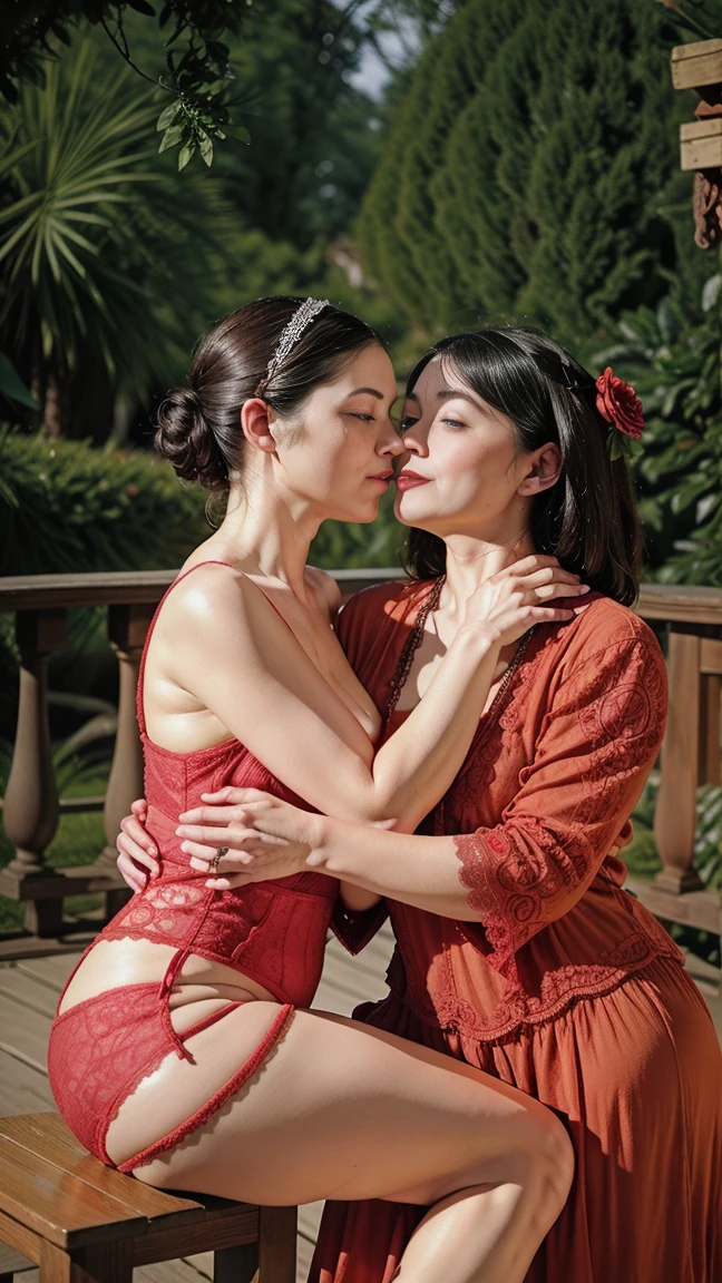 （（（Sisters））），（（（From below））），hot summer，skirt，naked，Cleavage，（（（teeth，）））hibiscus，（（（naked）））The thighs are a little thick、naked，Shorthair twin tails，Squat down and spread your legs，See-through T-shirt，Polka dot panties，（（（（２people）））），Kissing Scene