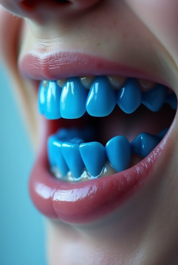 realistic transparent teeth made of plastic, blue blood, blue liquid in mouth, blue gums, abstract image, deformed, 2 mouths, happy mouth expresion, perfect teeth, ((big mouth:1.5))