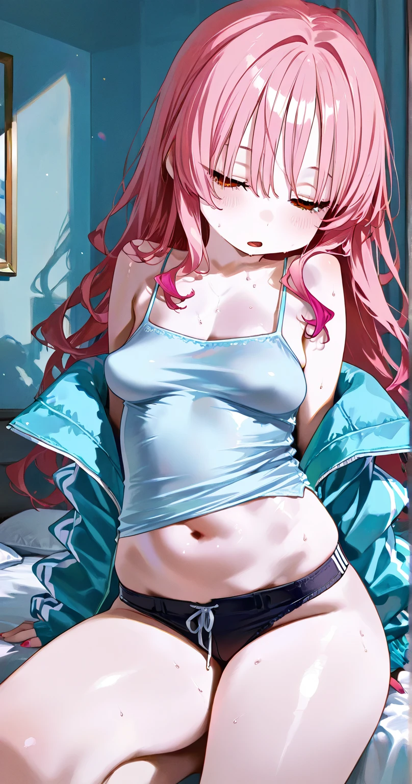 ((8k, Highest quality, masterpiece: 1.3)),Ultra-high resolution,(1 girl, alone), (Color changing eyes, Ultra-detailed, Expressive brilliance, Glitter, Glowing Eyes), Highly detailed eyes, Highly detailed face, Random Hair, ((pastel colour)),A young woman with pastel pink hair styled into a high ponytail, sitting on her bed in her dimly lit bedroom during the calm of late evening. She is wearing a navy blue bikini, and just as she starts to lie back on her bed, (the string of her bikini top suddenly comes loose, causing it to fall open slightly). Her face quickly turns red with embarrassment as she hurriedly presses the top against her chest with both hands. The camera captures her from a top-down angle, focusing on her surprised expression and the way she holds the top, with the soft, dim light enhancing the private and relaxed atmosphere of the room.
