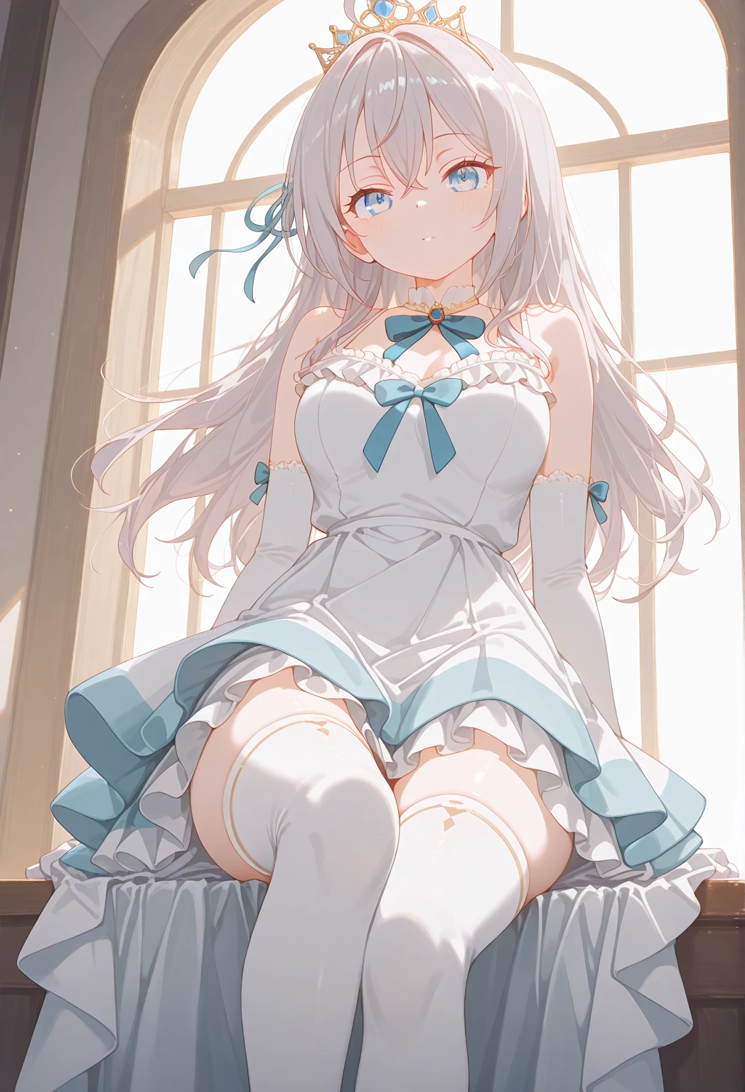 Beautiful illustration、top-quality、cute petit girl、(transform sequence)、Blue Japanese style maid uniform、((White leotard))、12year old、Slender beautiful girl、Fractal Art、baby-face、silver straight long hair、beautiful detailed blue eyes、kindly smile、Full body display、Western-style garden、（1人）、long-sleeve、Beautiful garden、Loose Socks
