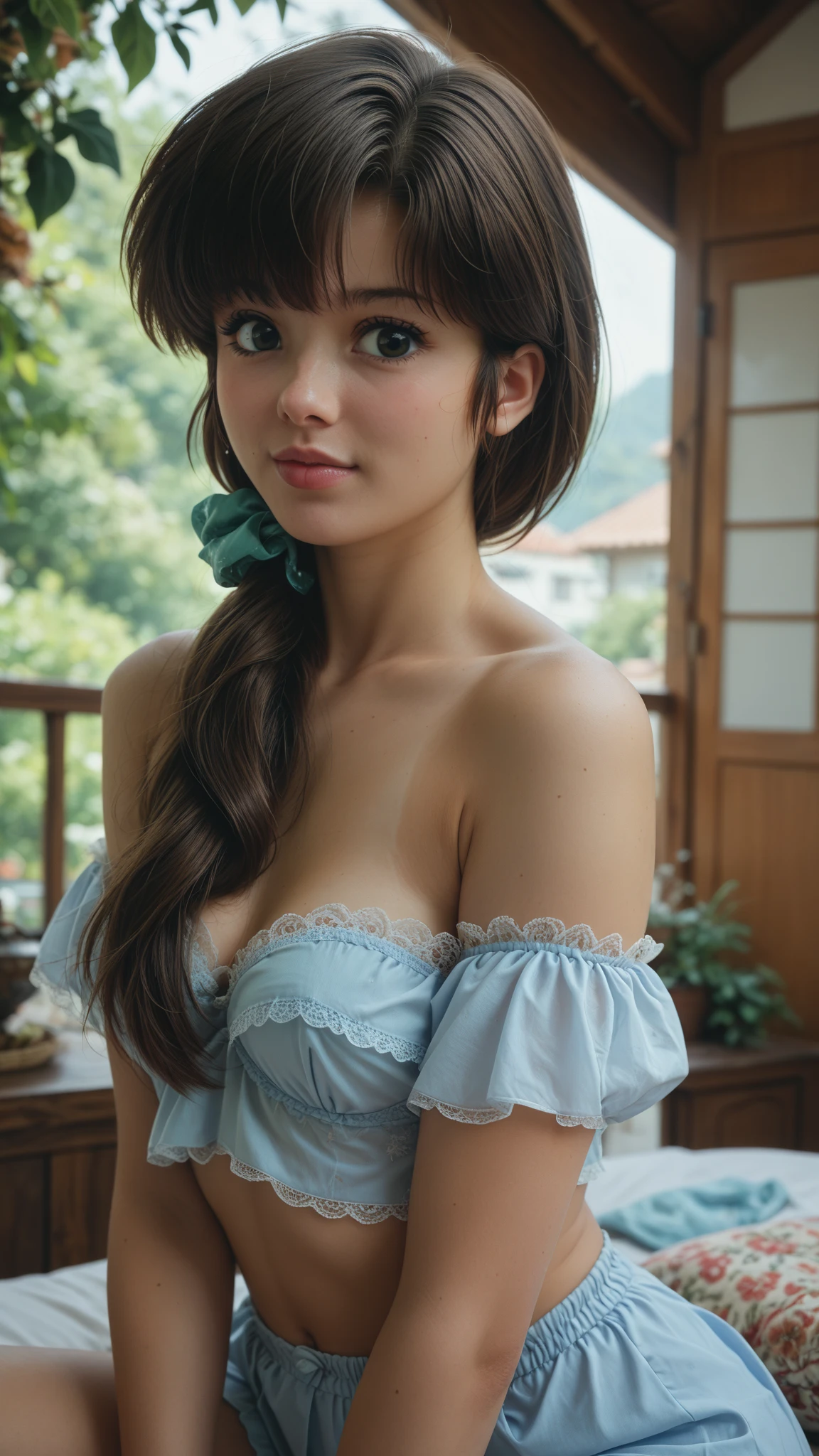 A lovely 22-year-old woman with a radiant face is sitting on a balcony, dressed in a turquoise floral nightgown. The soft lighting highlights her delicate features, and her relaxed pose is both sensual and inviting. The setting is in a luxury suite with a view of the Kazan Cathedral in Saint Petersburg.