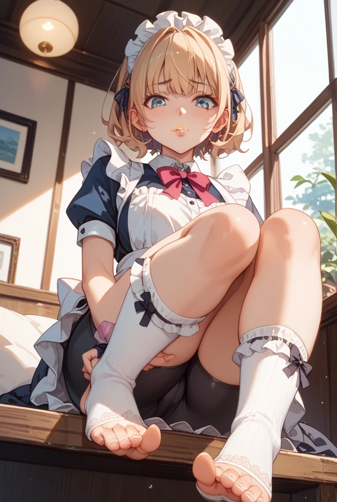 (masterpiece, best quality:1.2),illustration,8k,hd,1girl,solo,upper body,(portrait:1.2), elf girl, elf ears, large breasts,blond short bob hair, skirt,bow,pleated skirt,white shirt,red bowtie,short sleeves,collared shirt,parted bangs,((white long loose socks)),(torn tattered summer sailor uniform, serafuku, red butterfly tie, naby pleated micro skirt, light skyblue string panties), sitting, squatting, spreading legs, (((torn clothes, dripping wet clothes))), peeing, (peeing over panties)