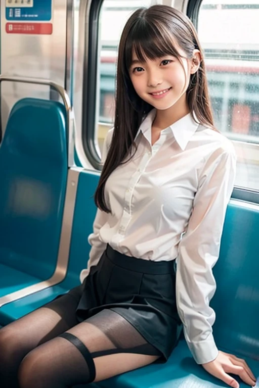 Asian girl, 19 years old, beautiful, well-groomed, sitting on the train seat, wearing a mid-length skirt, legs open without panties, showing her pussy, ultra hd, best quality, super realistic.
